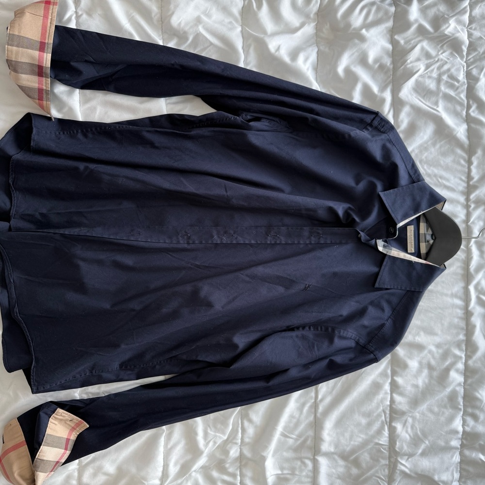 Burberry Navy Button-Up Shirt with Plaid Cuffs